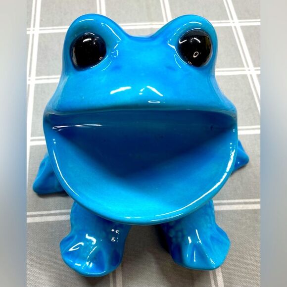 Vtg Ceramic 70s Blue Frog Toothbrush Soap Dish Bathroom Kitchen Air Planter - Picture 1 of 6